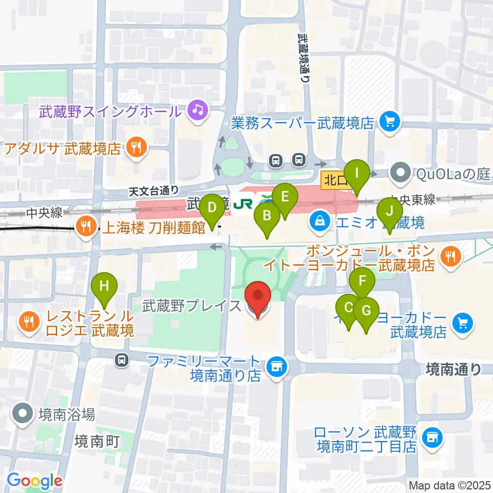 武蔵野プレイス周辺のカフェ一覧地図