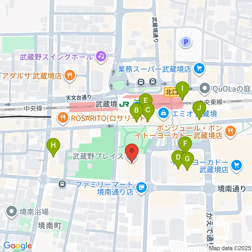 武蔵野プレイス周辺のカフェ一覧地図