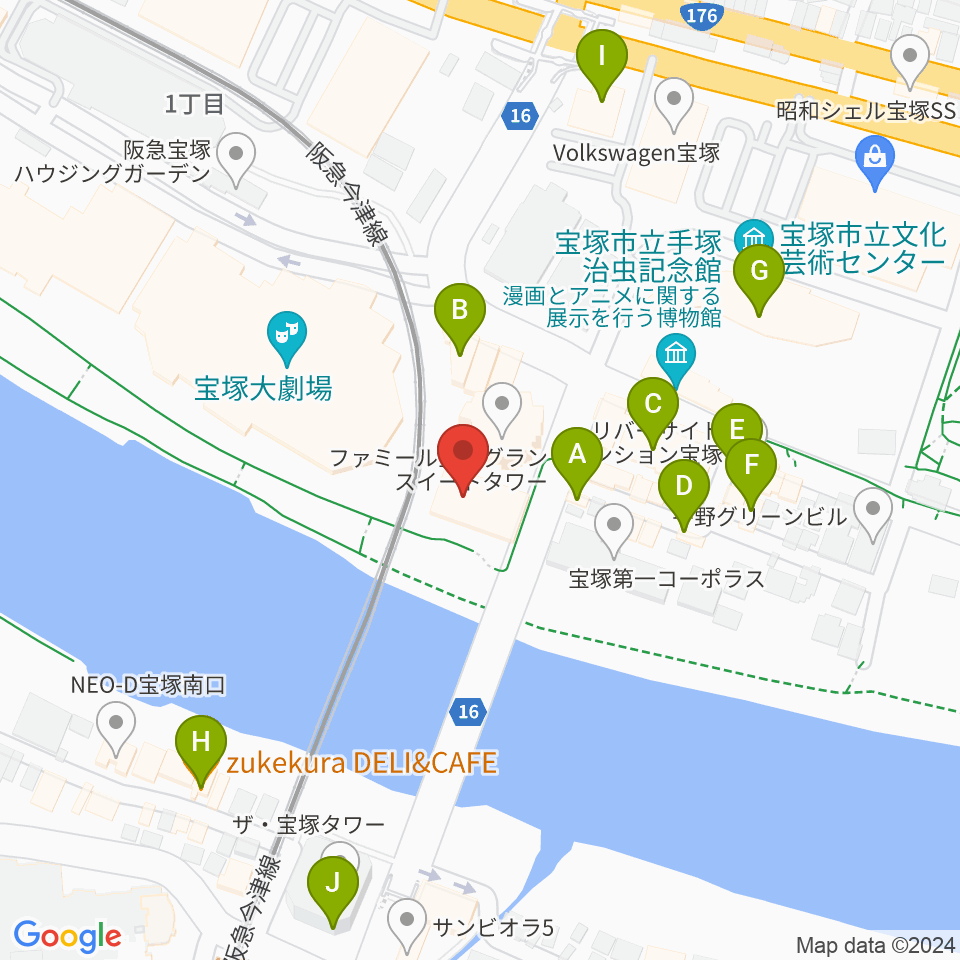 宝塚音楽学校周辺のカフェ一覧地図
