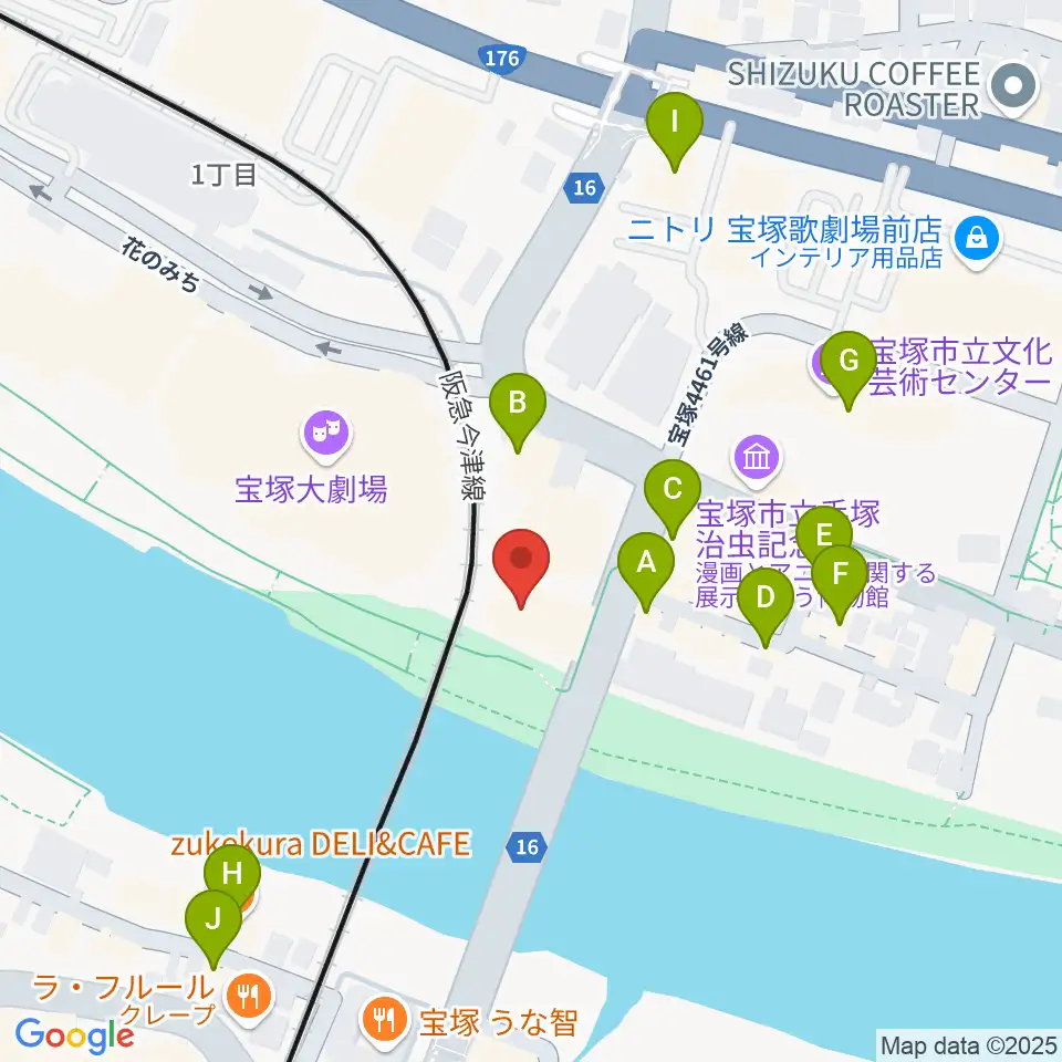 宝塚音楽学校周辺のカフェ一覧地図