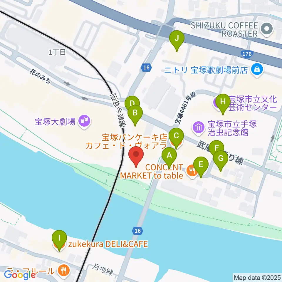 宝塚音楽学校周辺のカフェ一覧地図