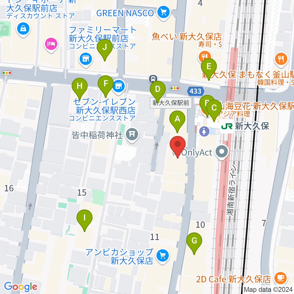 大久保管楽器店周辺のカフェ一覧地図