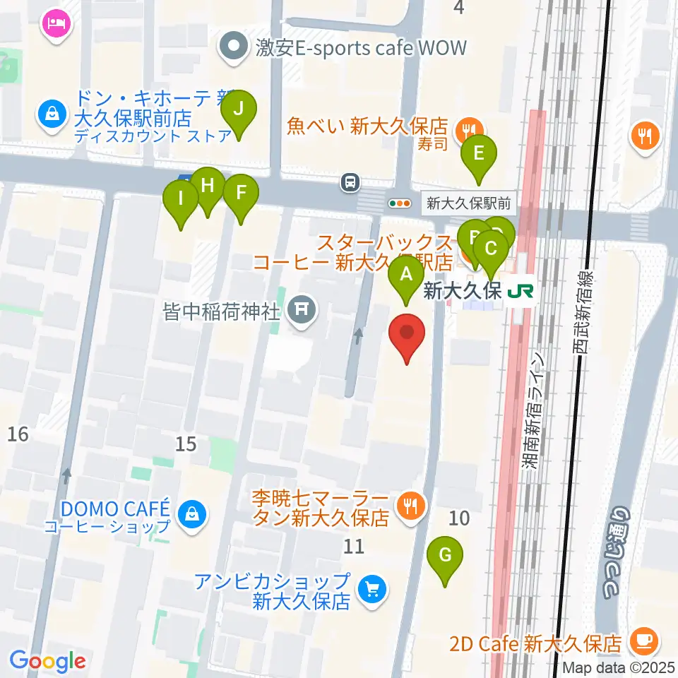 大久保管楽器店周辺のカフェ一覧地図