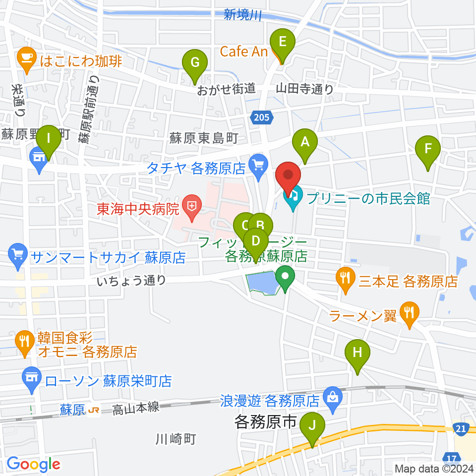 プリニーの文化ホール周辺のカフェ一覧地図