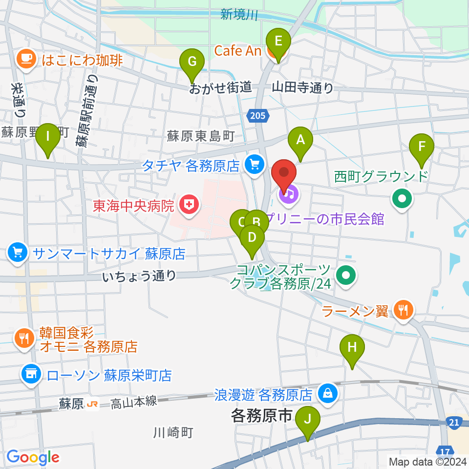 プリニーの文化ホール周辺のカフェ一覧地図