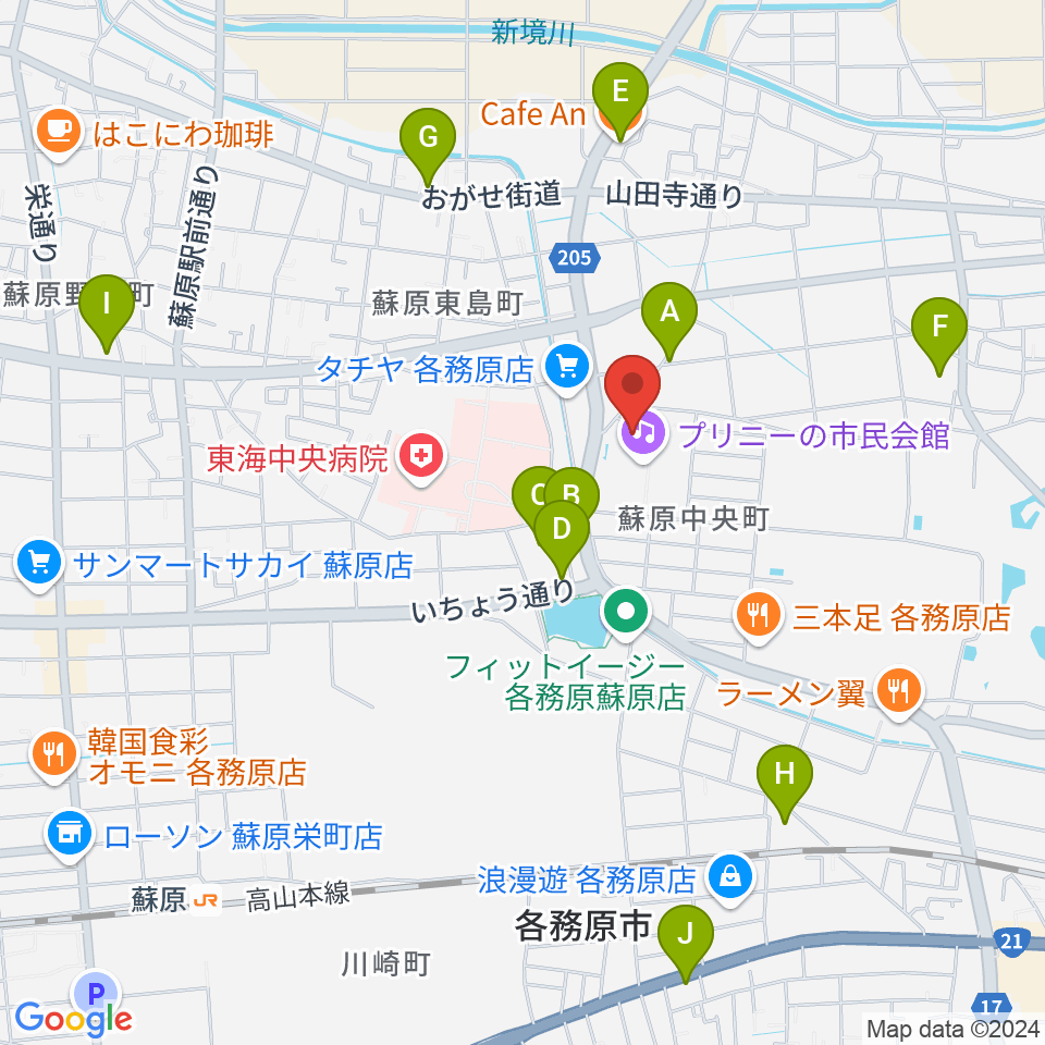 プリニーの文化ホール周辺のカフェ一覧地図