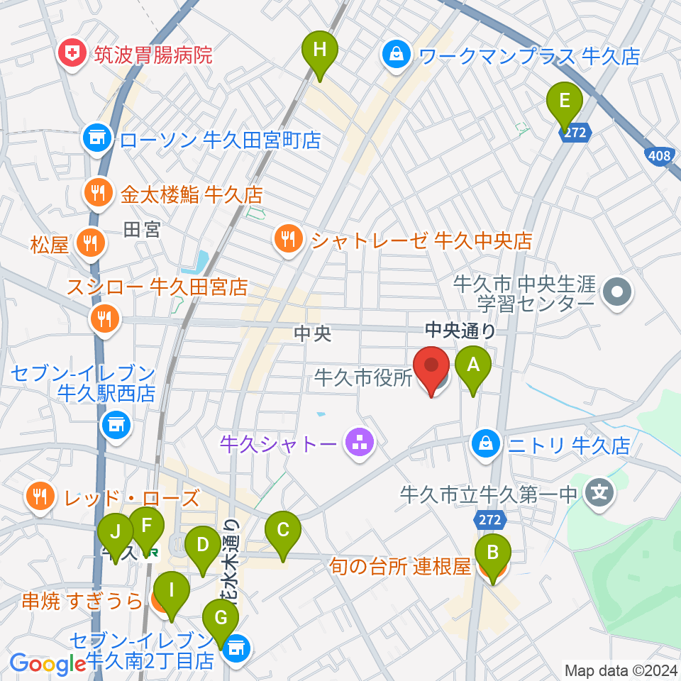 FMうしくうれしく放送（FM-UU）周辺のカフェ一覧地図