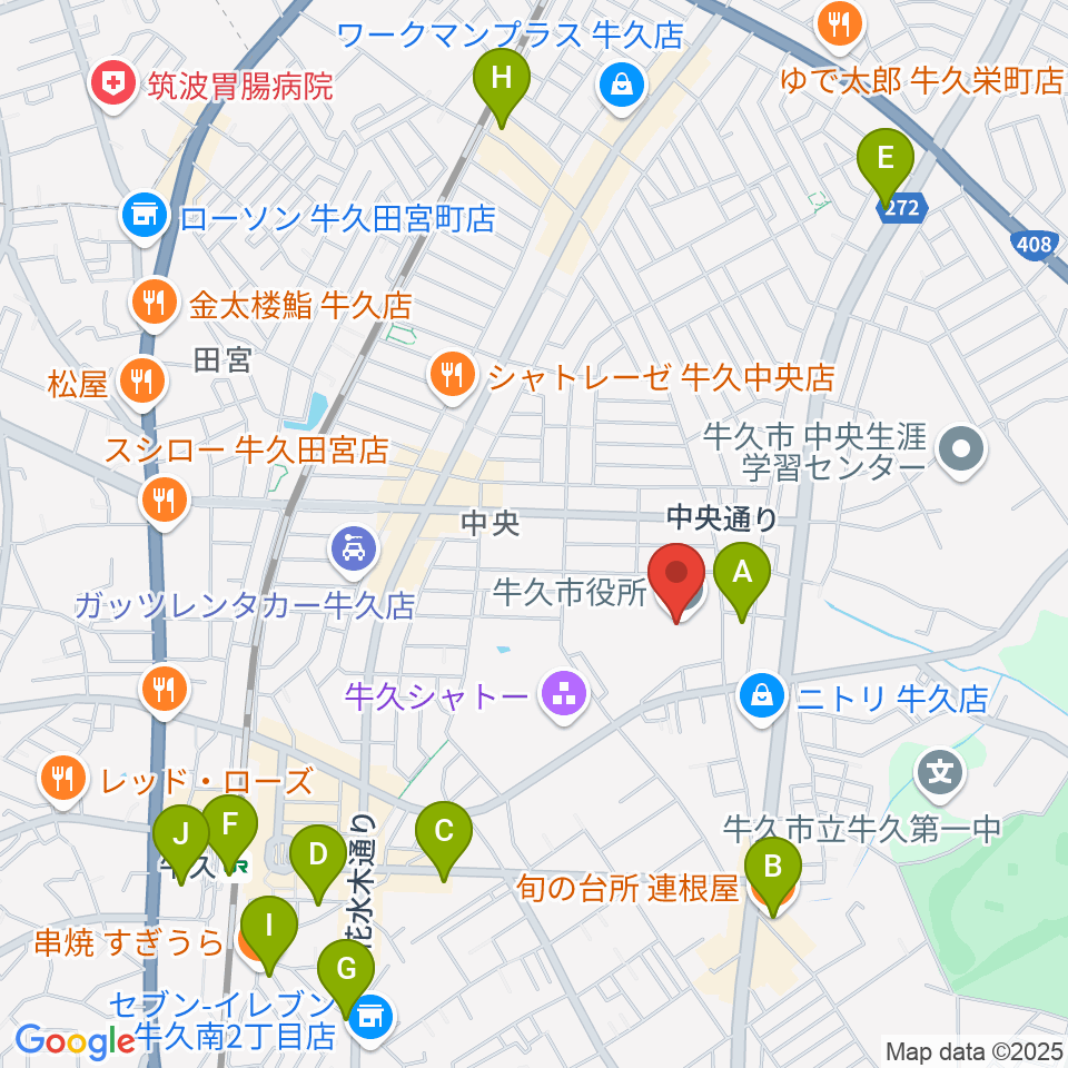 FMうしくうれしく放送（FM-UU）周辺のカフェ一覧地図