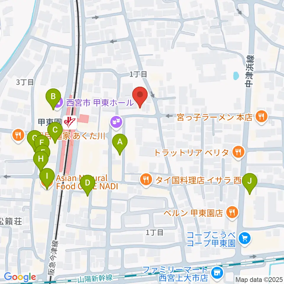 アールエイチワイ甲東園 貸し音楽練習室周辺のカフェ一覧地図