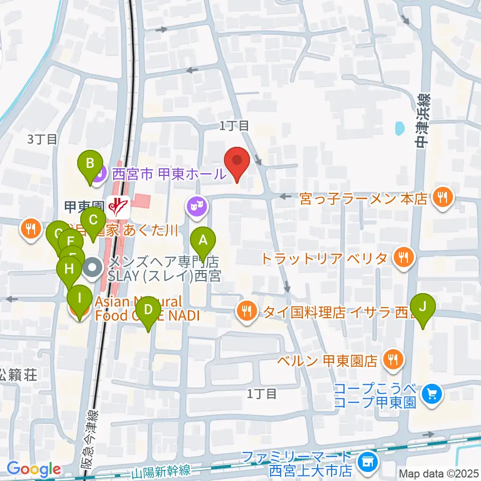 アールエイチワイ甲東園 貸し音楽練習室周辺のカフェ一覧地図