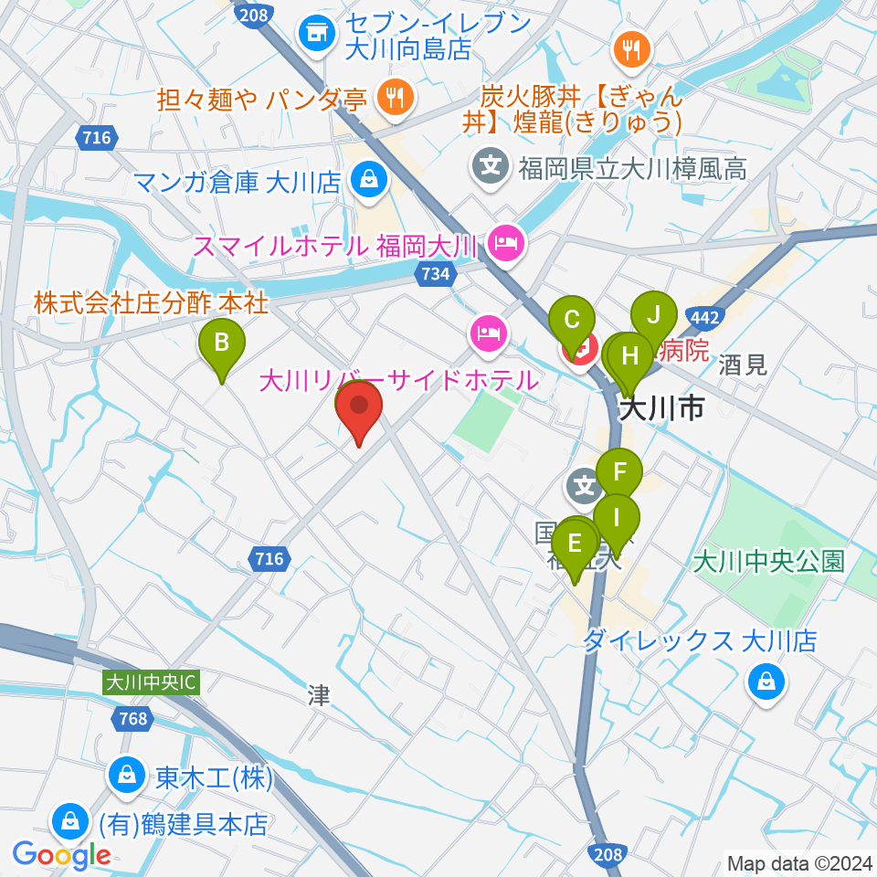 大川ヴィラ・ベルディホール周辺のカフェ一覧地図