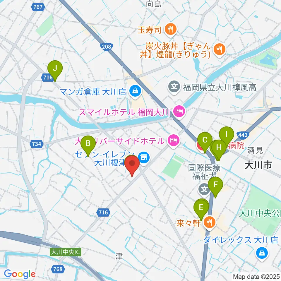 大川ヴィラ・ベルディホール周辺のカフェ一覧地図