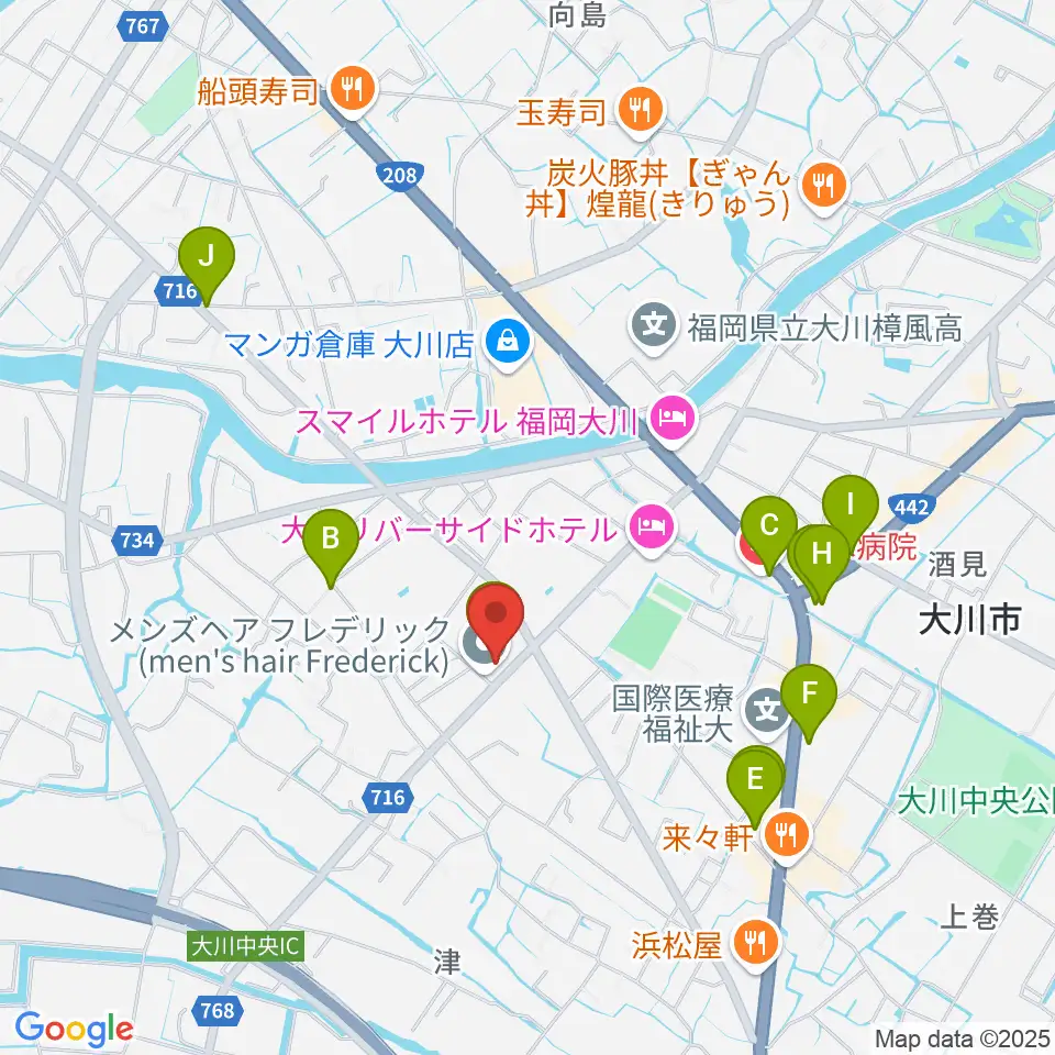 大川ヴィラ・ベルディホール周辺のカフェ一覧地図