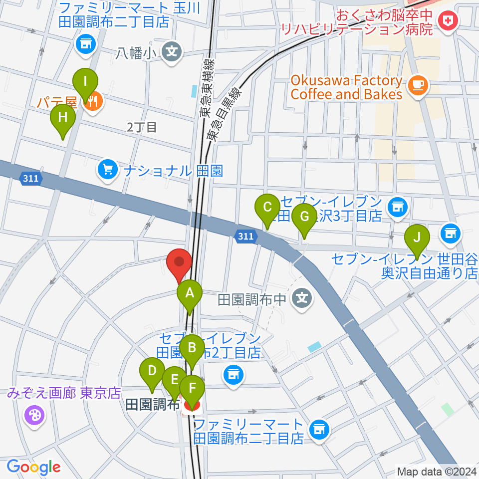 ピアノスタジオノア 田園調布店周辺のカフェ一覧地図