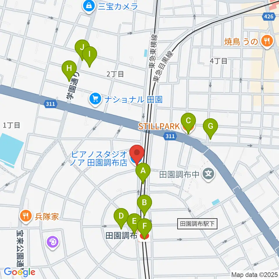 ピアノスタジオノア 田園調布店周辺のカフェ一覧地図