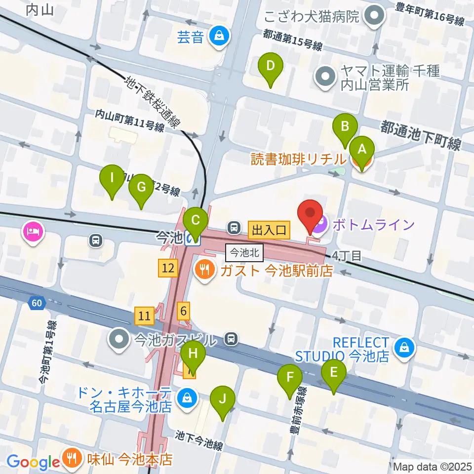 名古屋ボトムライン周辺のカフェ一覧地図