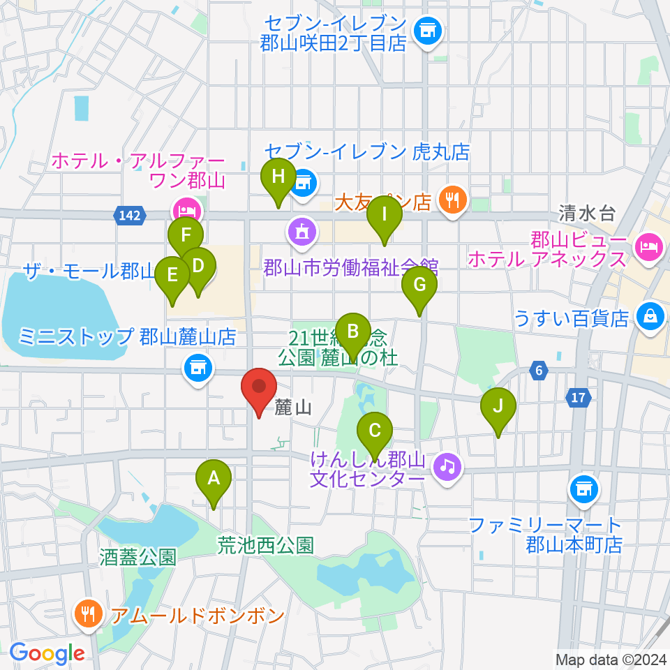 郡山市郡山公会堂周辺のカフェ一覧地図