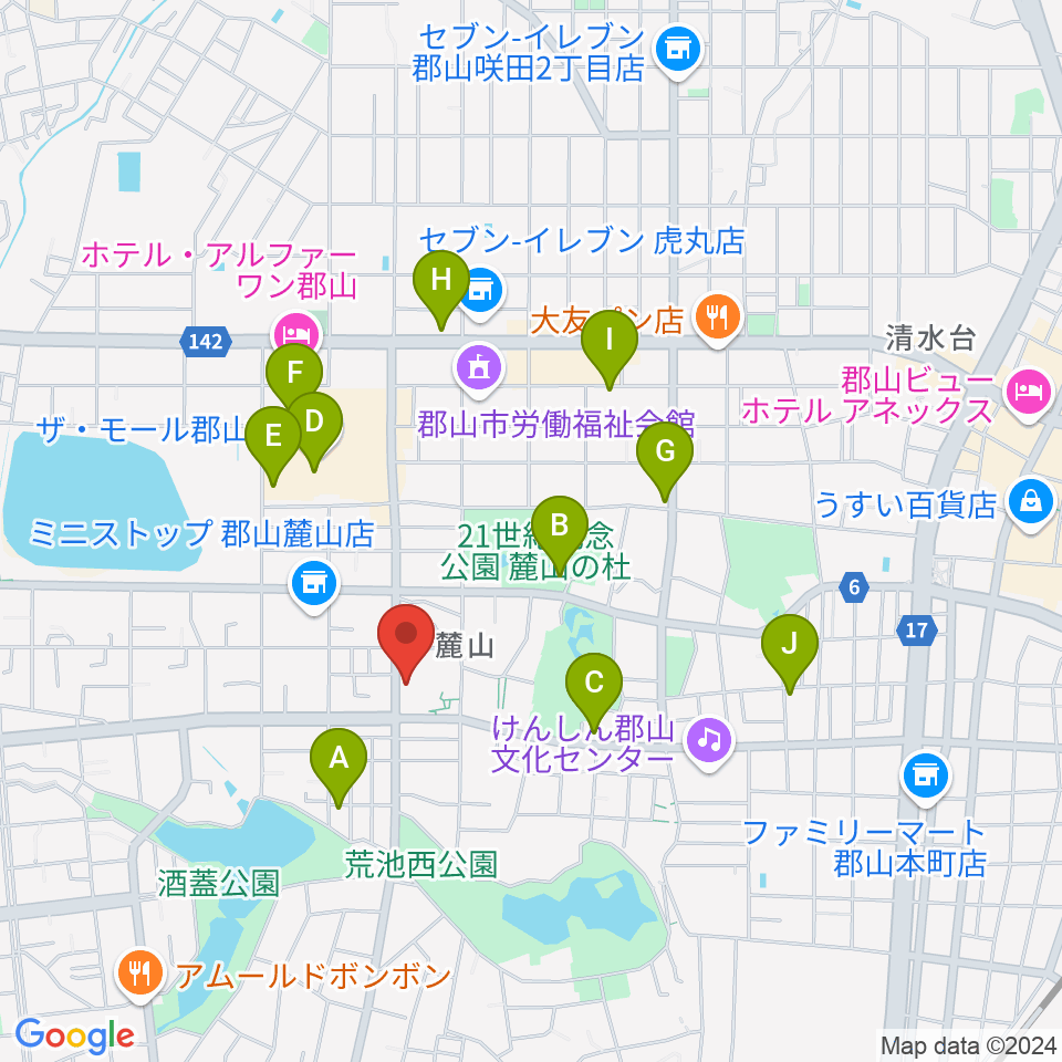 郡山市中央公民館・勤労青少年ホーム周辺のカフェ一覧地図