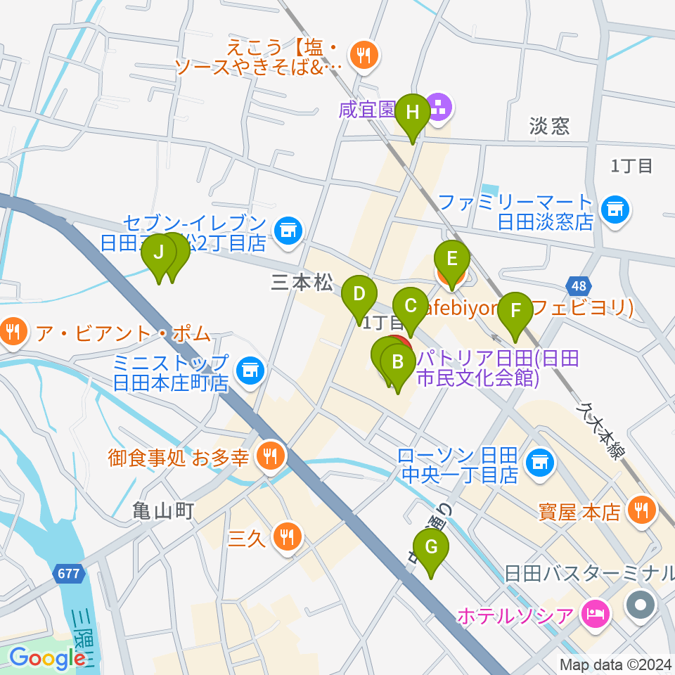 日田市民文化会館 パトリア日田周辺のカフェ一覧地図