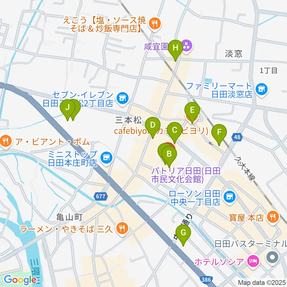 日田市民文化会館 パトリア日田周辺のカフェ一覧地図