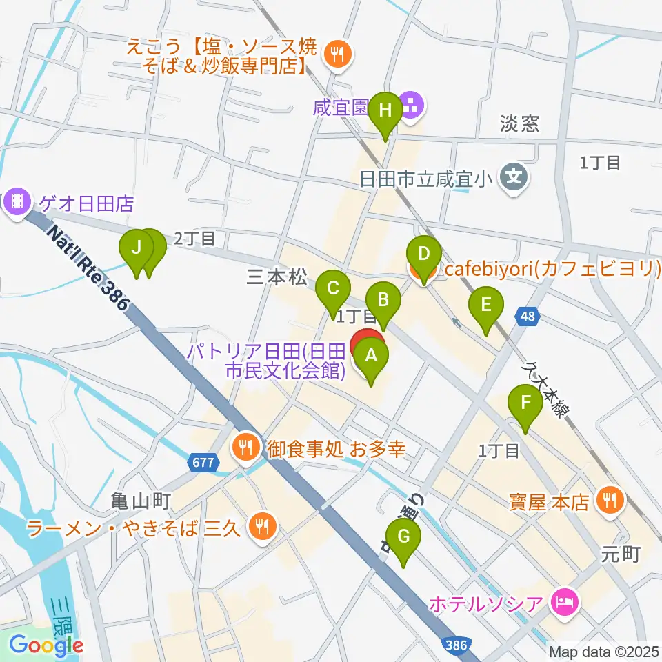 日田市民文化会館 パトリア日田周辺のカフェ一覧地図