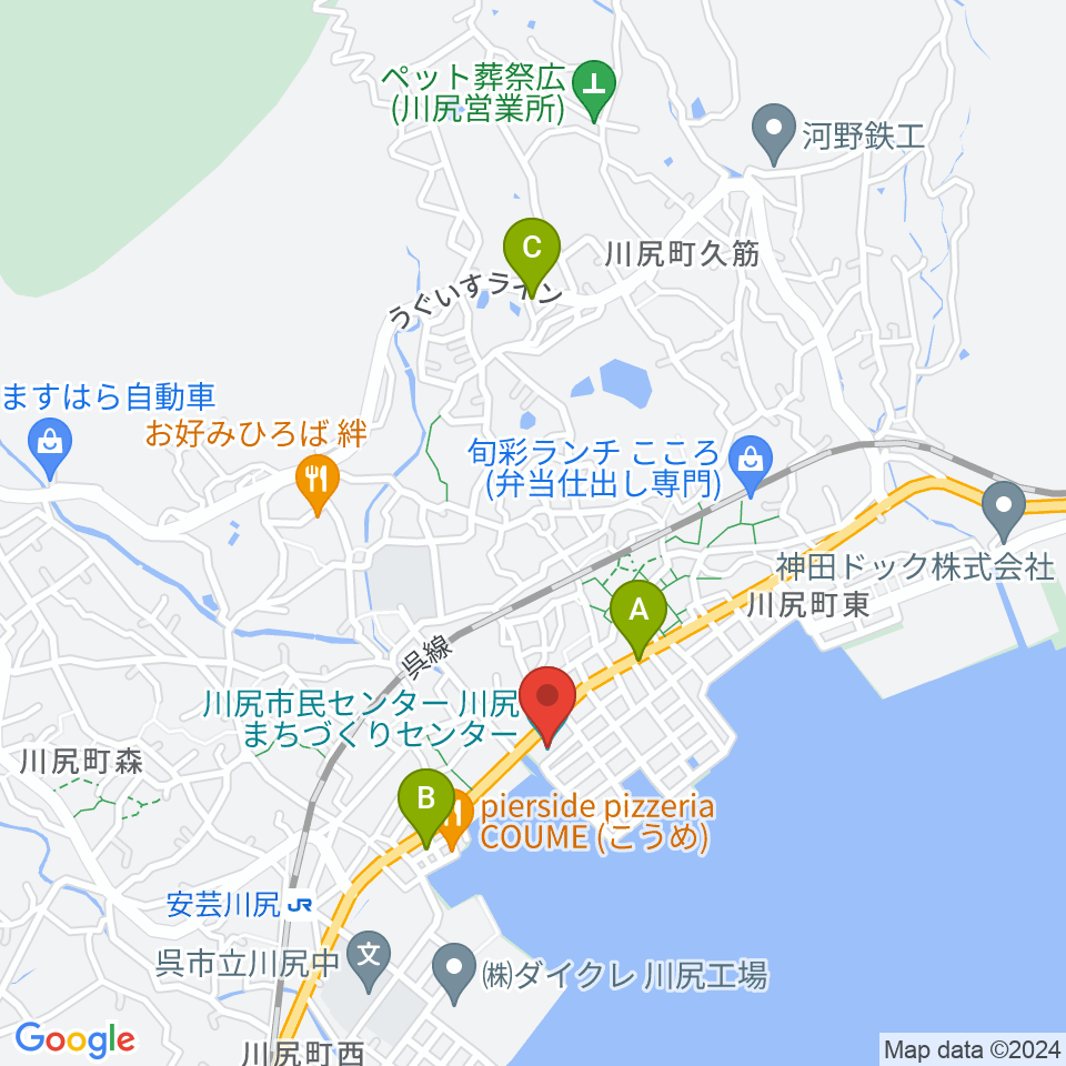 川尻まちづくりセンター ベイノロホール周辺のカフェ一覧地図