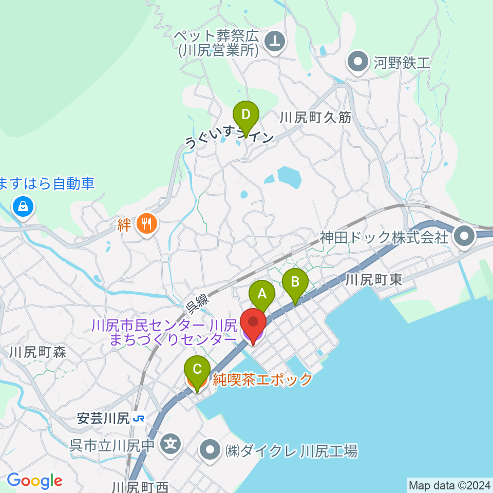 川尻まちづくりセンター ベイノロホール周辺のカフェ一覧地図