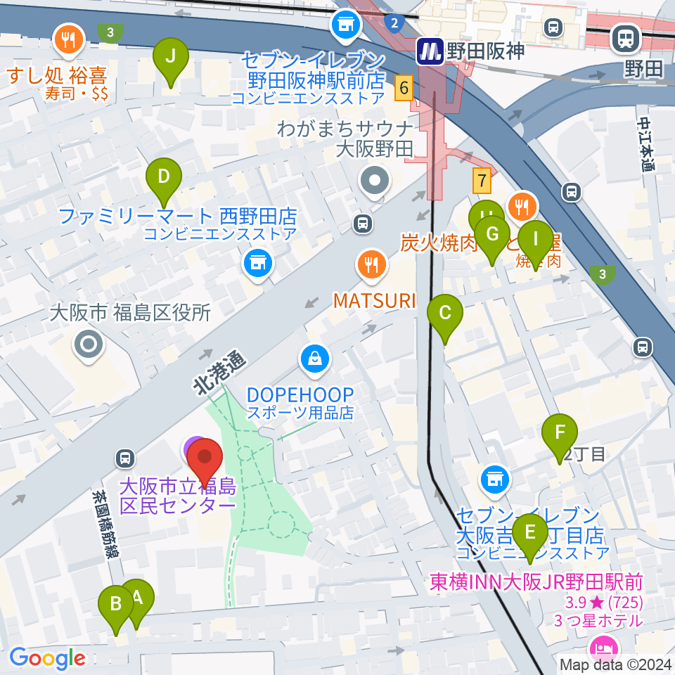 福島区民センター ホール周辺のカフェ一覧地図