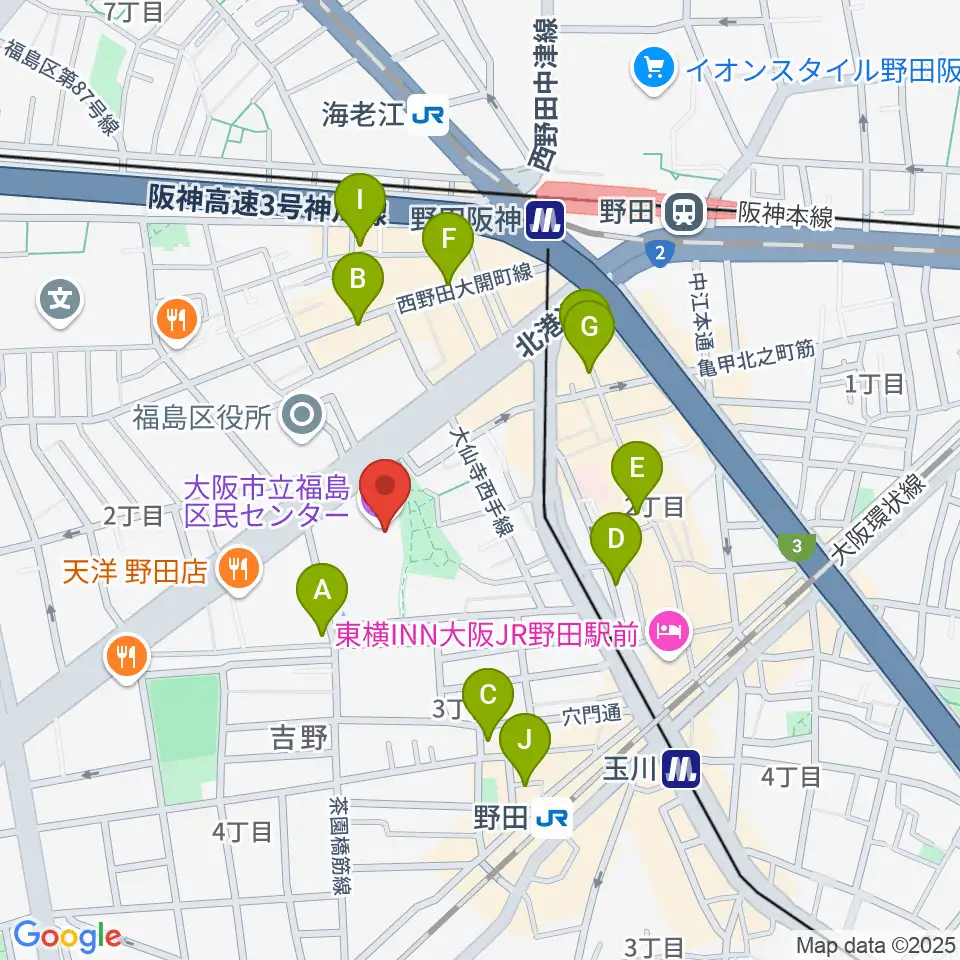 福島区民センター ホール周辺のカフェ一覧地図