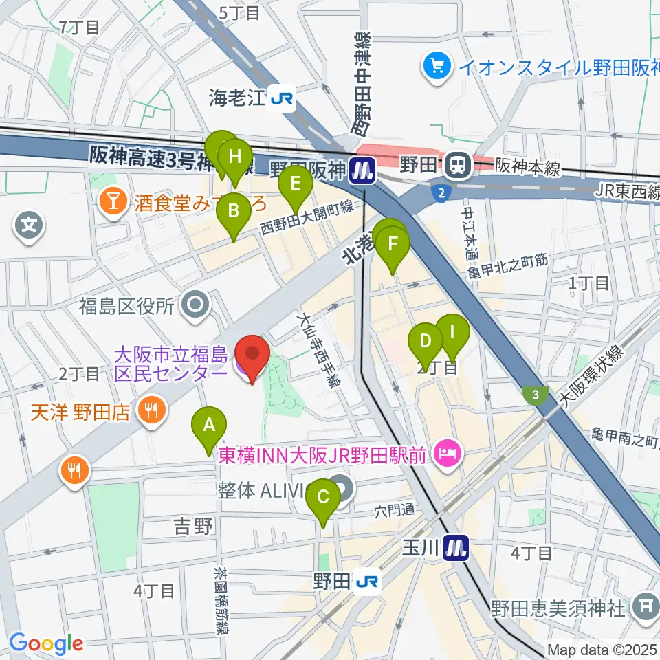 福島区民センター ホール周辺のカフェ一覧地図