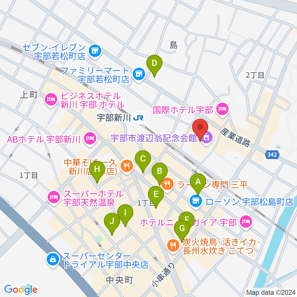 宇部市渡辺翁記念会館周辺のカフェ一覧地図