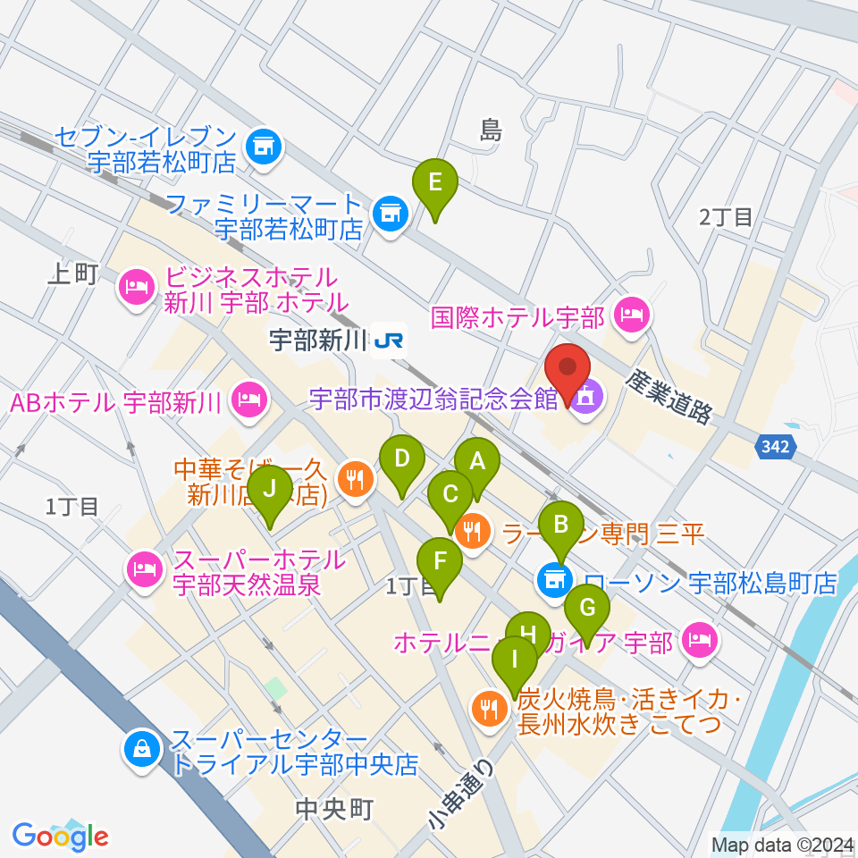 宇部市渡辺翁記念会館周辺のカフェ一覧地図