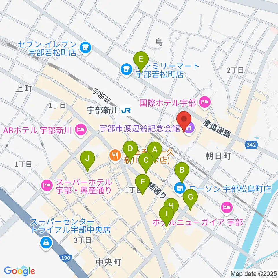 宇部市渡辺翁記念会館周辺のカフェ一覧地図