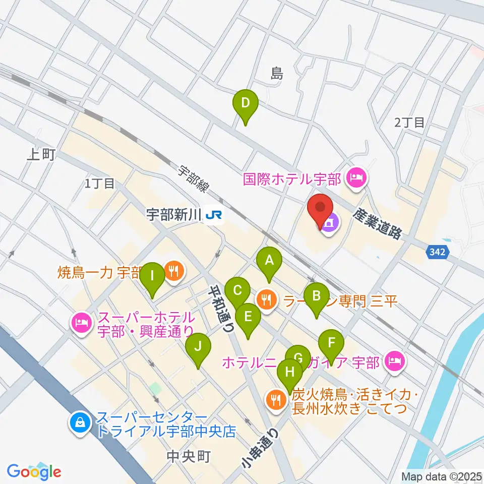 宇部市渡辺翁記念会館周辺のカフェ一覧地図