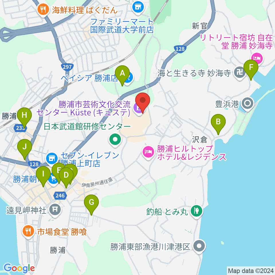 勝浦市芸術文化交流センター キュステ周辺のカフェ一覧地図