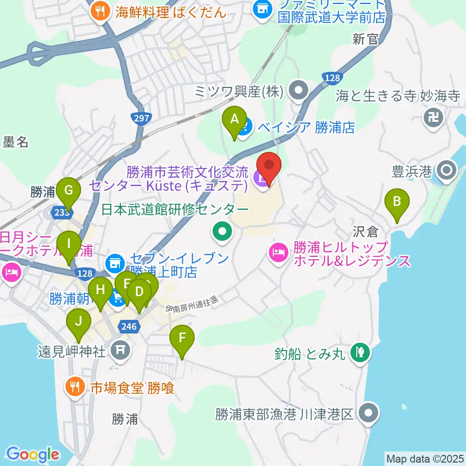 勝浦市芸術文化交流センター キュステ周辺のカフェ一覧地図