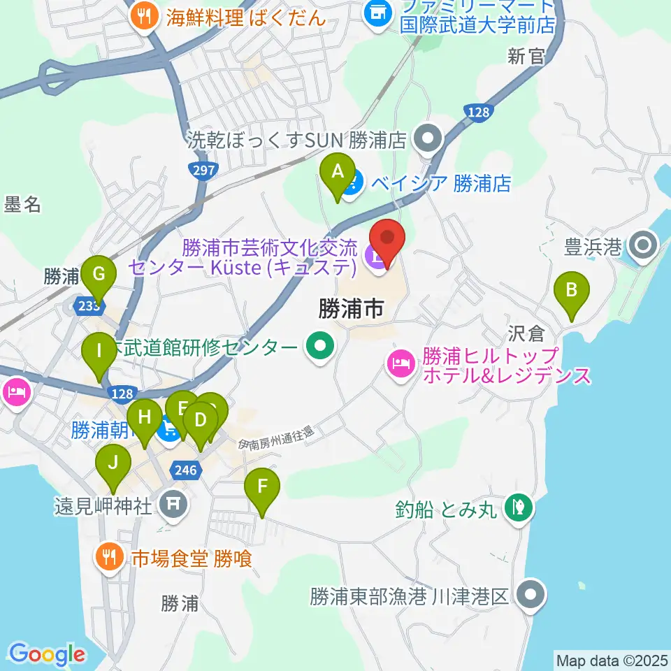 勝浦市芸術文化交流センター キュステ周辺のカフェ一覧地図