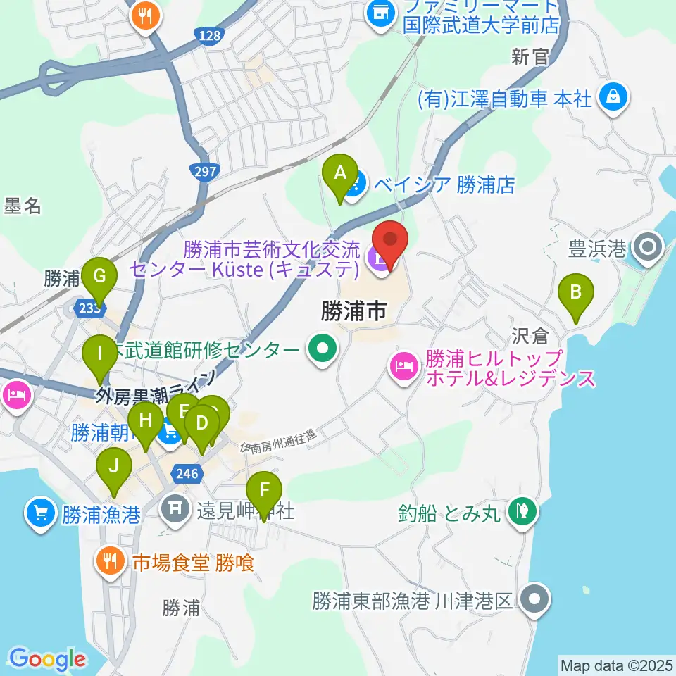勝浦市芸術文化交流センター キュステ周辺のカフェ一覧地図
