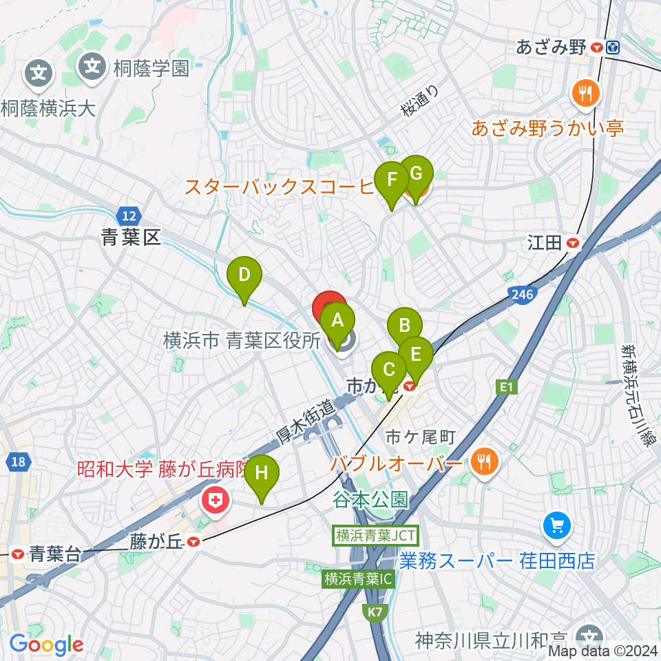 横浜市青葉公会堂周辺のカフェ一覧地図