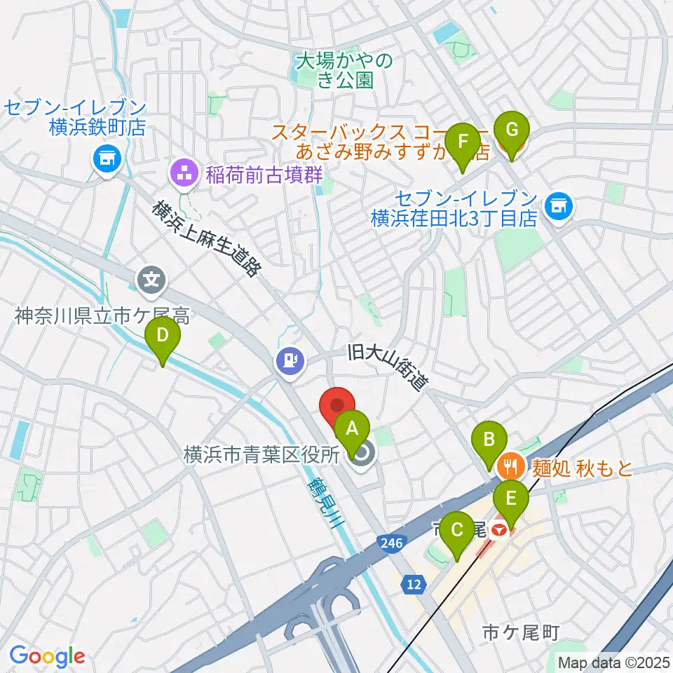 横浜市青葉公会堂周辺のカフェ一覧地図