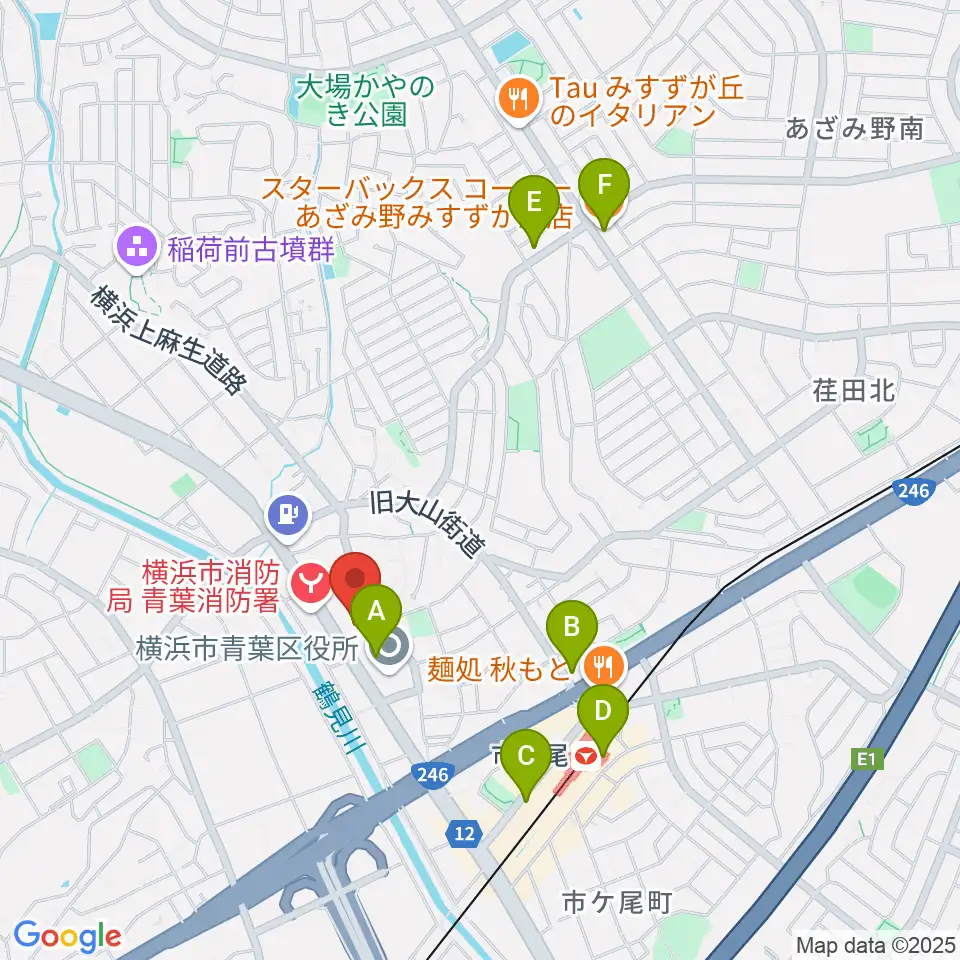 横浜市青葉公会堂周辺のカフェ一覧地図