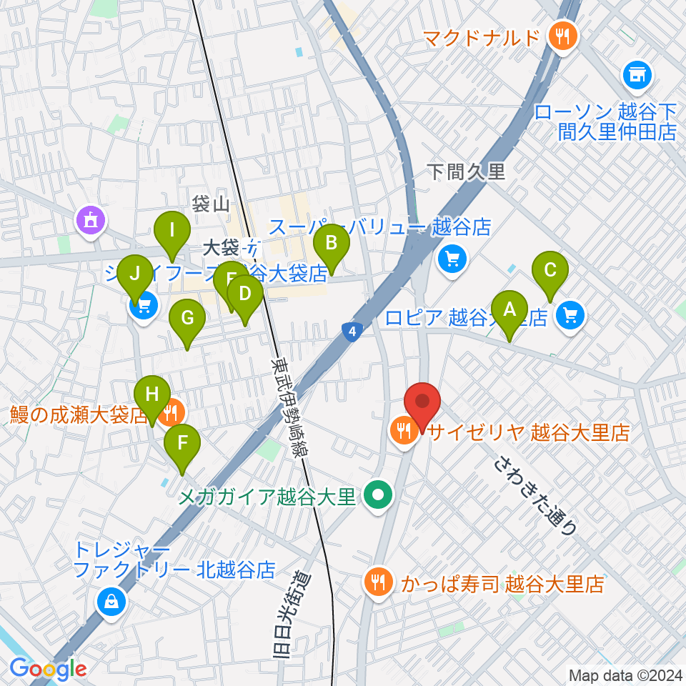 ハイヴ越谷ピアノ教室周辺のカフェ一覧地図