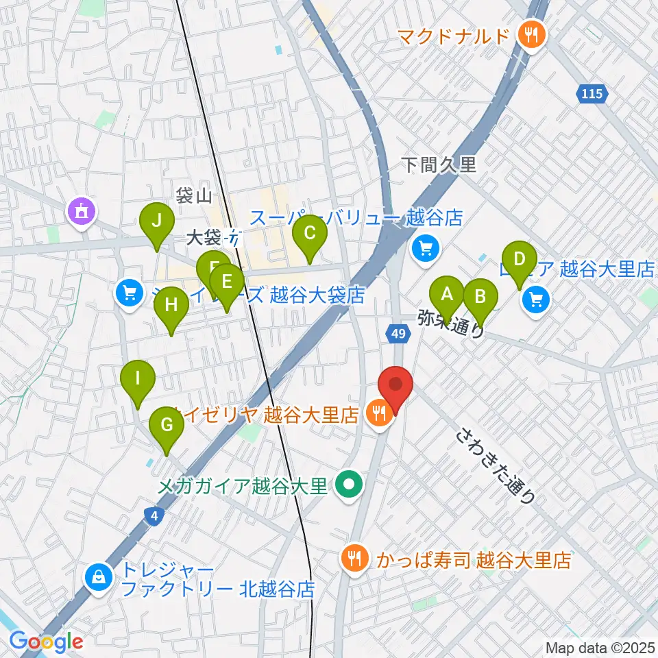 ハイヴ越谷ピアノ教室周辺のカフェ一覧地図