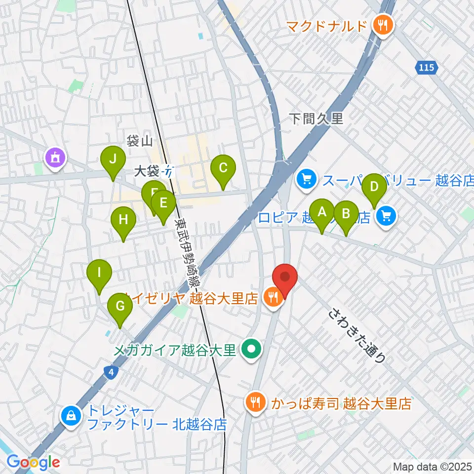 ハイヴ越谷ピアノ教室周辺のカフェ一覧地図
