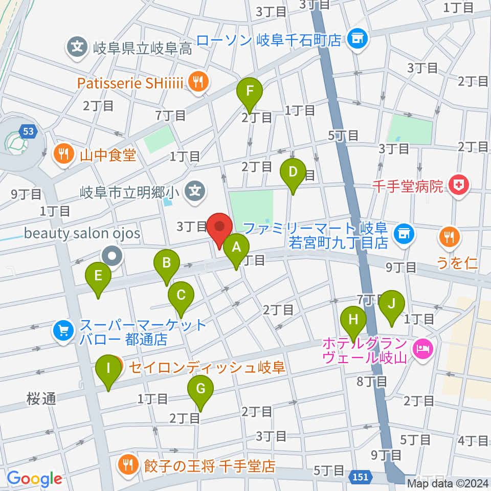 岐阜キングビスケット周辺のカフェ一覧地図