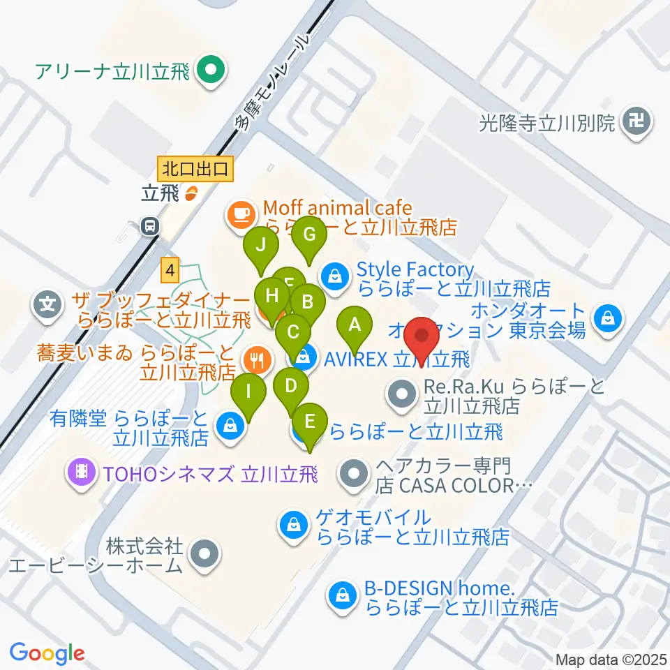 宮地楽器ららぽーと立川立飛店周辺のカフェ一覧地図