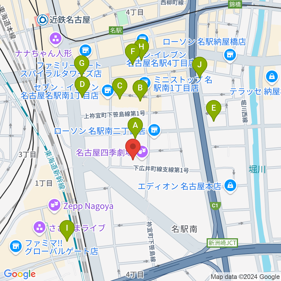 名古屋四季劇場周辺のカフェ一覧地図