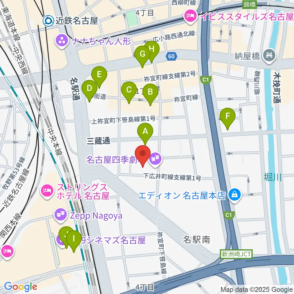 名古屋四季劇場周辺のカフェ一覧地図