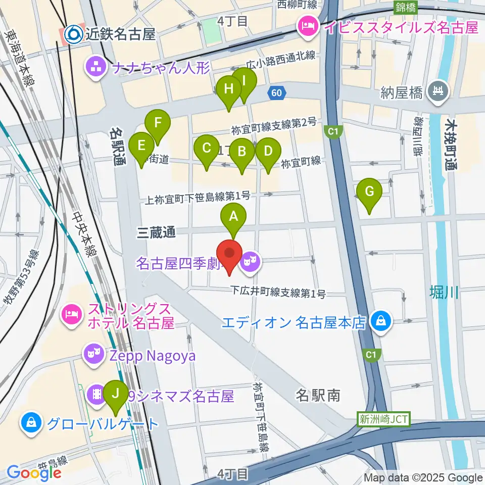 名古屋四季劇場周辺のカフェ一覧地図