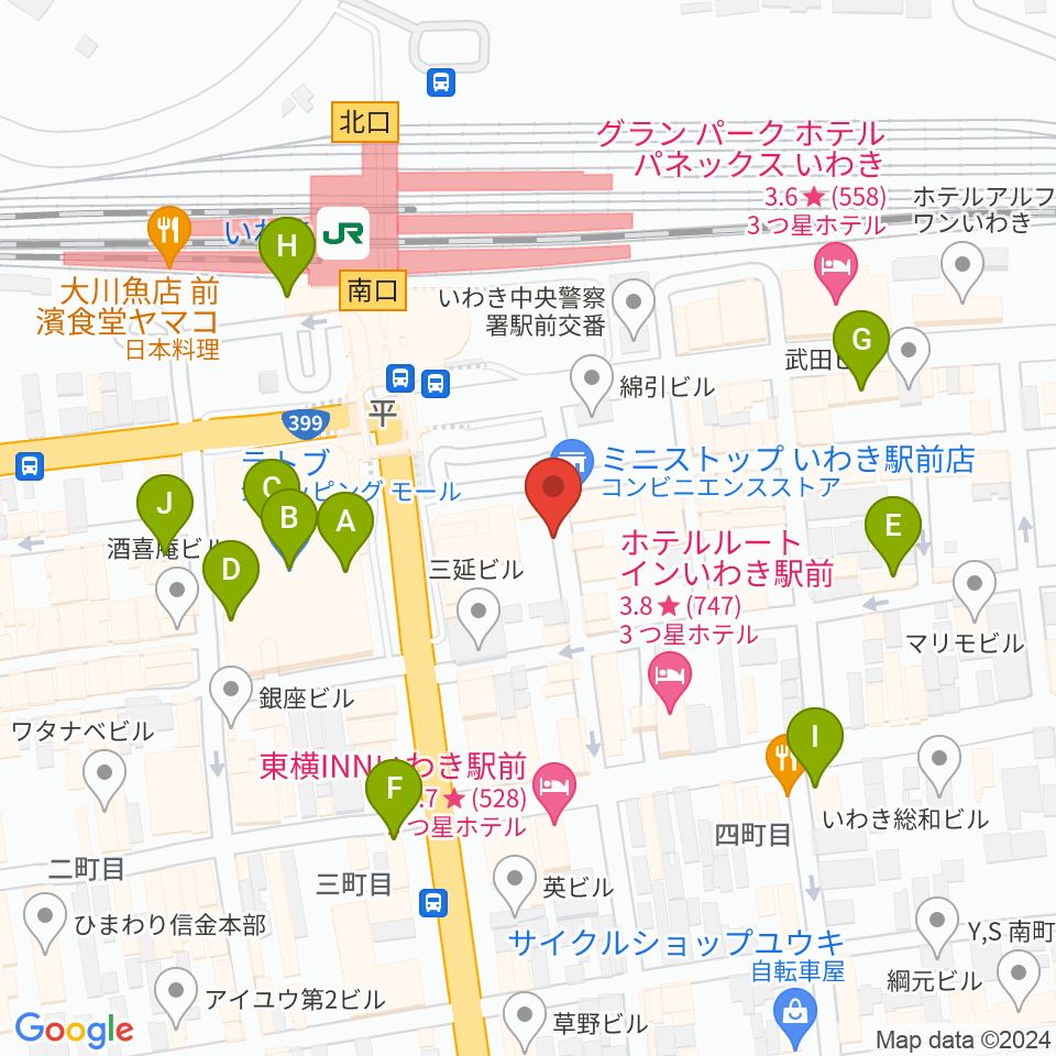 いわきバロウズ周辺のカフェ一覧地図